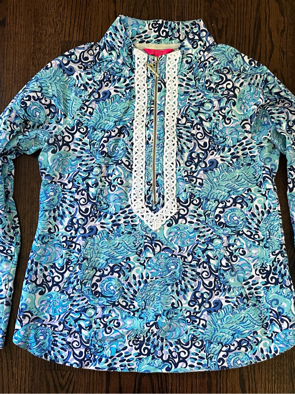 Lilly Pulitzer Women’s Pullover Blue Multi Floral Lace-Placket Top